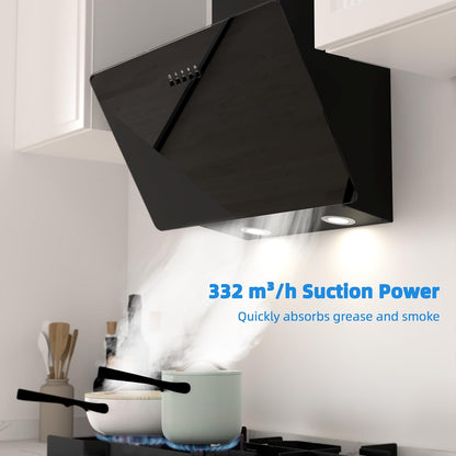 FIREGAS 60 cm Afzuigkap schuin met 350m³/h, LED's, borstelloze motor, drukknopbediening, afzuiging en recirculatie, efficiëntie A++