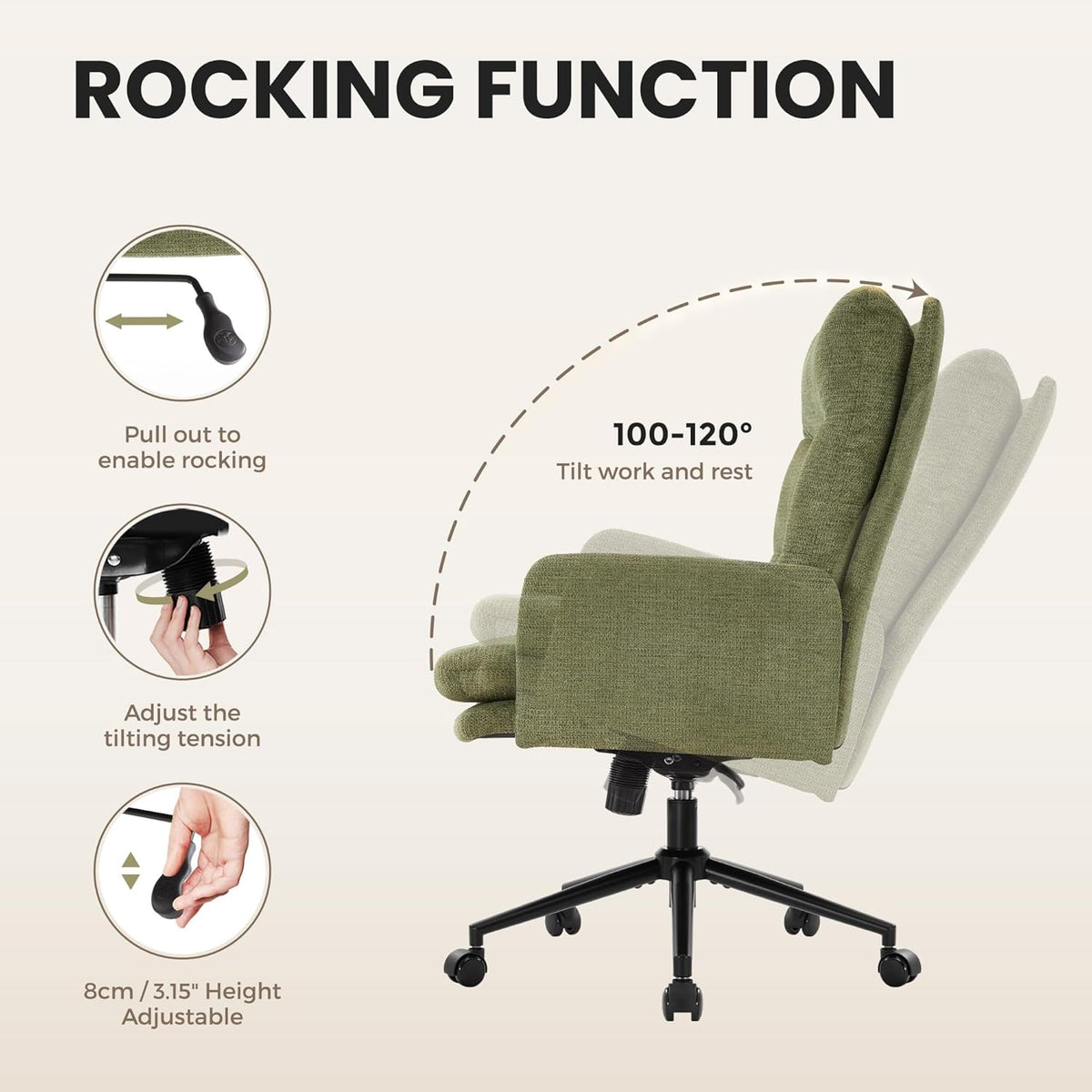 Bureaustoel – Bureaustoel Met Wieltjes – Bureaustoel Met Armleuningen – Ergonomische Bureaustoel – Draaibare Bureaustoel – Hoge Rugleuning – Verstelbare Zithoogte – Pluche Cashmere Bekleding Groen