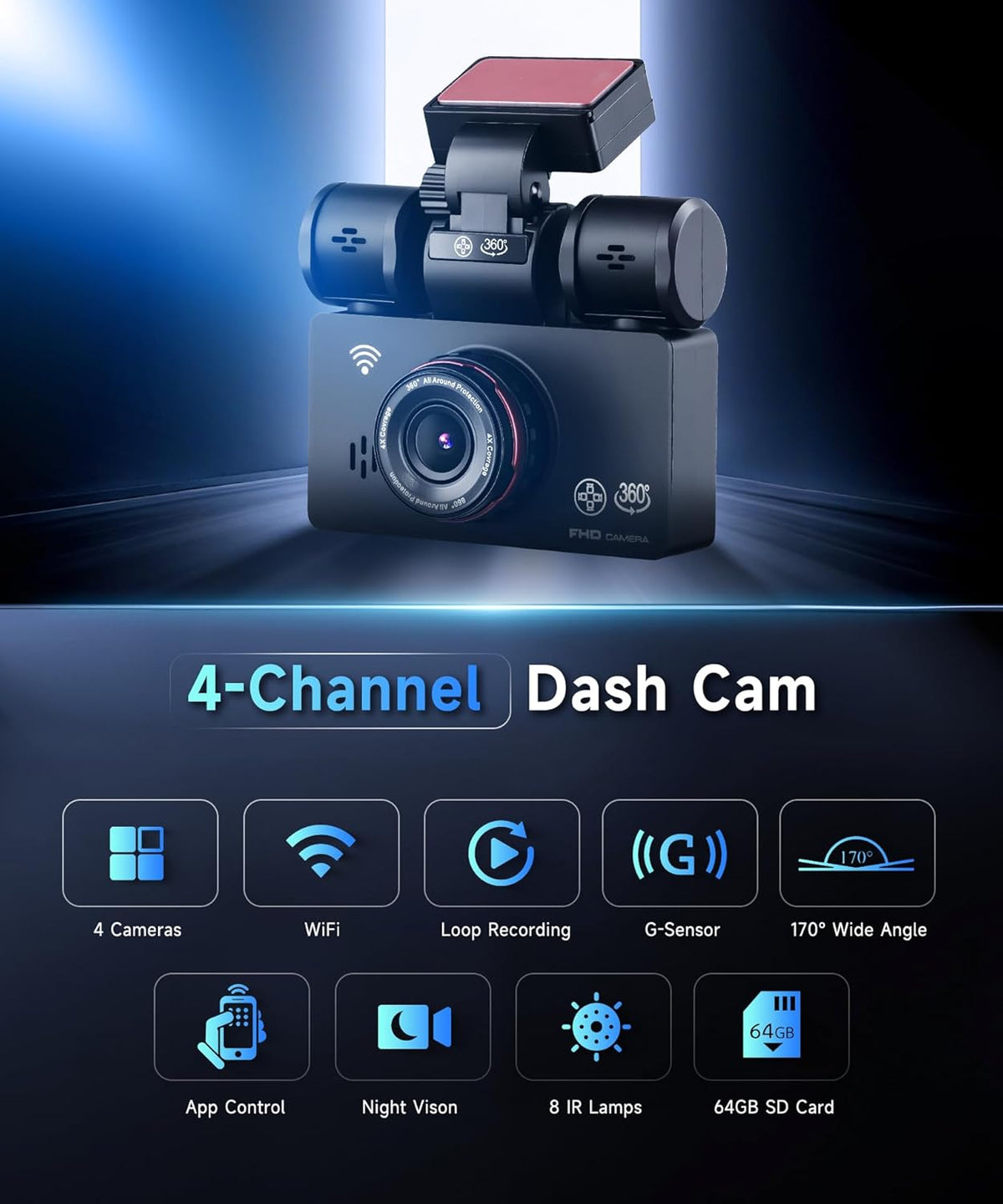 Dashcam – Autocamera – Auto Camera – Rijcamera – Quad-Camera – 2K Voorcamera + 3x1080P – Nachtzicht & 24-Uurs Parkeerbewaking