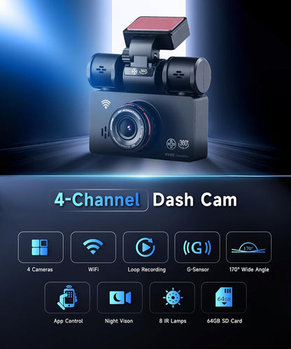 Dashcam – Autocamera – Auto Camera – Rijcamera – Quad-Camera – 2K Voorcamera + 3x1080P – Nachtzicht & 24-Uurs Parkeerbewaking