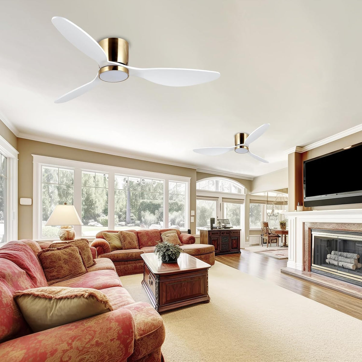 reiga Witte plafondventilator met ledverlichting en afstandsbediening, Ø 132 cm, energiebesparende DC-motor, stil, 3 kleurtemperaturen, 3-vleugels, houten plafondventilator voor slaapkamer, woonkamer