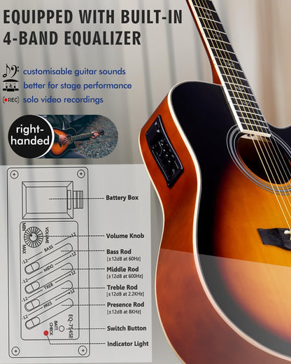 Winzz 4/4 elektrische akoestische gitaar, westerngitaarset voor volwassenen, akoestische gitaar 41 inch met 4-bands equalizer (dreadnought,glanzend)