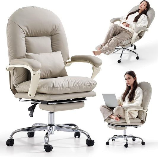 EMIAH Office Chairs for Home, Ergonomic Office Chair with Footrest, Comfortable Office Chair with Wheels, Executive Mid-Back Criss Cross Chair for Home Work PU Leather, Beige