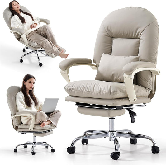 Ergonomische Bureaustoel – Kantoorstoel – Computerstoel – Bureaustoel Met Wieltjes – Werkstoel – Verstelbare Rugleuning 90-155° – Echt Lederen Bekleding With Voetensteun