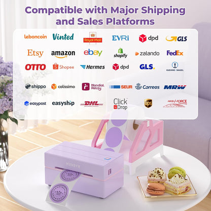 MUNBYN Labelprinter Bluetooth 4x6, Thermische Labelprinter, Ideaal voor kleine bedrijven en thuisgebruik, Compatibel met iOS, Android, Windows, Chromebook, DHL en UPS, Paars
