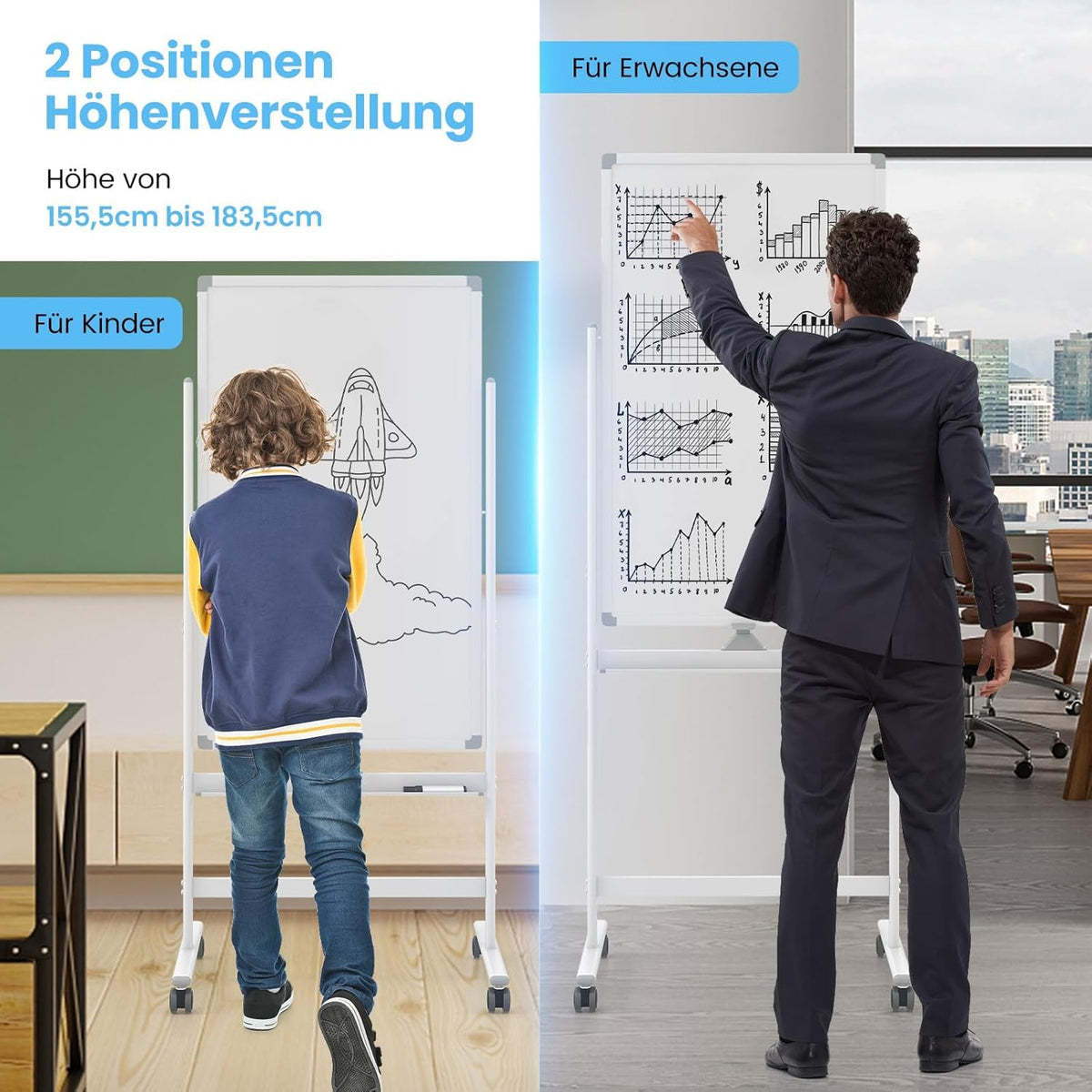 FANTASK Dubbelzijdig mobiel whiteboard, 60 x 100 cm, in hoogte verstelbaar magnetisch whiteboard met wieltjes, standaard en pennenbakje, incl. accessoires voor school, kantoor, thuis (wit)