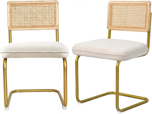 CangLong Mid-Century moderne, natuurlijke mesh rotan rugleuning, gestoffeerde fleece zitting armloze stoelen met metalen poten voor thuis, keuken, eetkamer, set van 2, wit, schuim