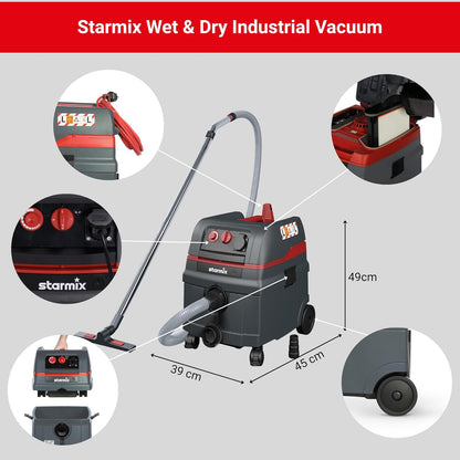 Starmix ISC L-1625 TOP, nat- en droogzuiger, hoogwaardige stofzuiger voor gebruik op de bouwplaats, 1600 watt, 25 liter