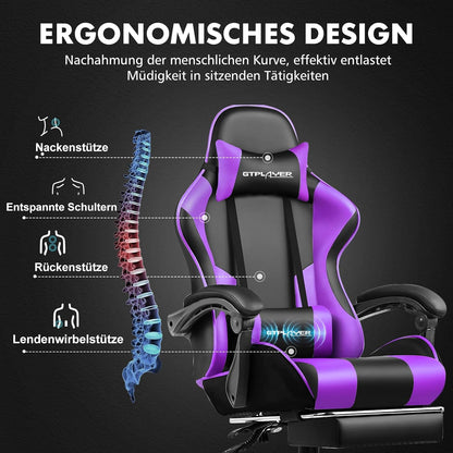 GTPLAYER Gamingstoel, bureaustoel, ergonomische pc-stoel, gamingstoel met massagesteun, task stoelen met voetensteun en hoofdsteun, paars kunstleer
