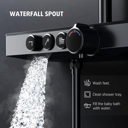 Douche Systeem – Thermostaat Douche Set – Regendouche – Handdouche – Douchekraan – Glazen Plank – Mat Zwart – In Hoogte Verstelbaar – Watervaluitloop