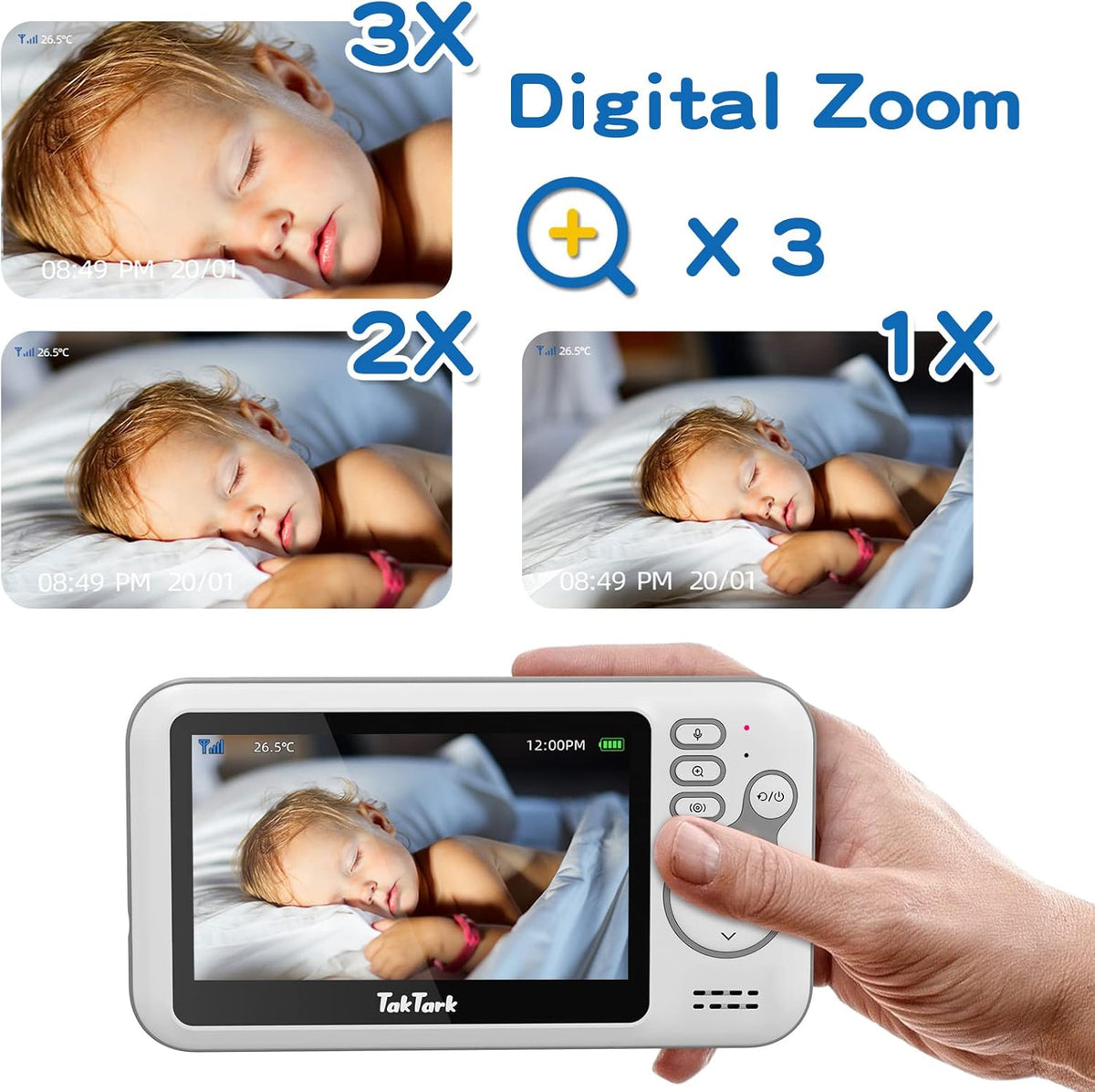 TakTark Babybewakingscamera, 11,9 cm (4,3 inch), draadloos, nachtzicht, VOX, bidirectionele communicatie, temperatuursensor, geen lichtstoringen, alleen beweging