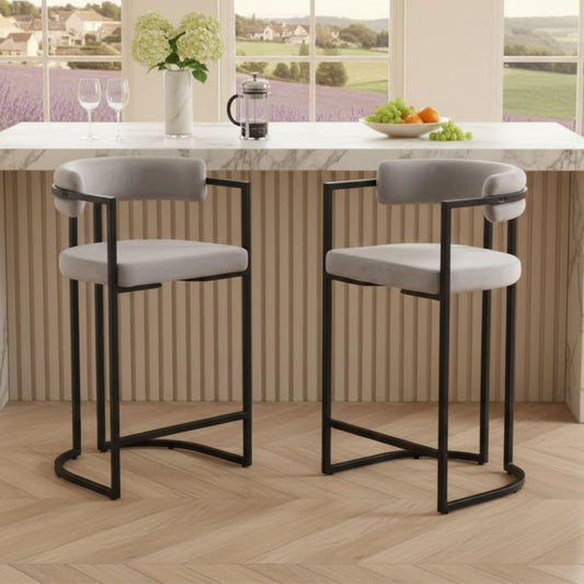 Barkrukken – Barstoelen – Keukenstoelen – Hoge Stoelen – Krukken – Velours Bekleding – Stevig Metalen Frame – Set van 2 – Modern Design – Grijs - QUORE