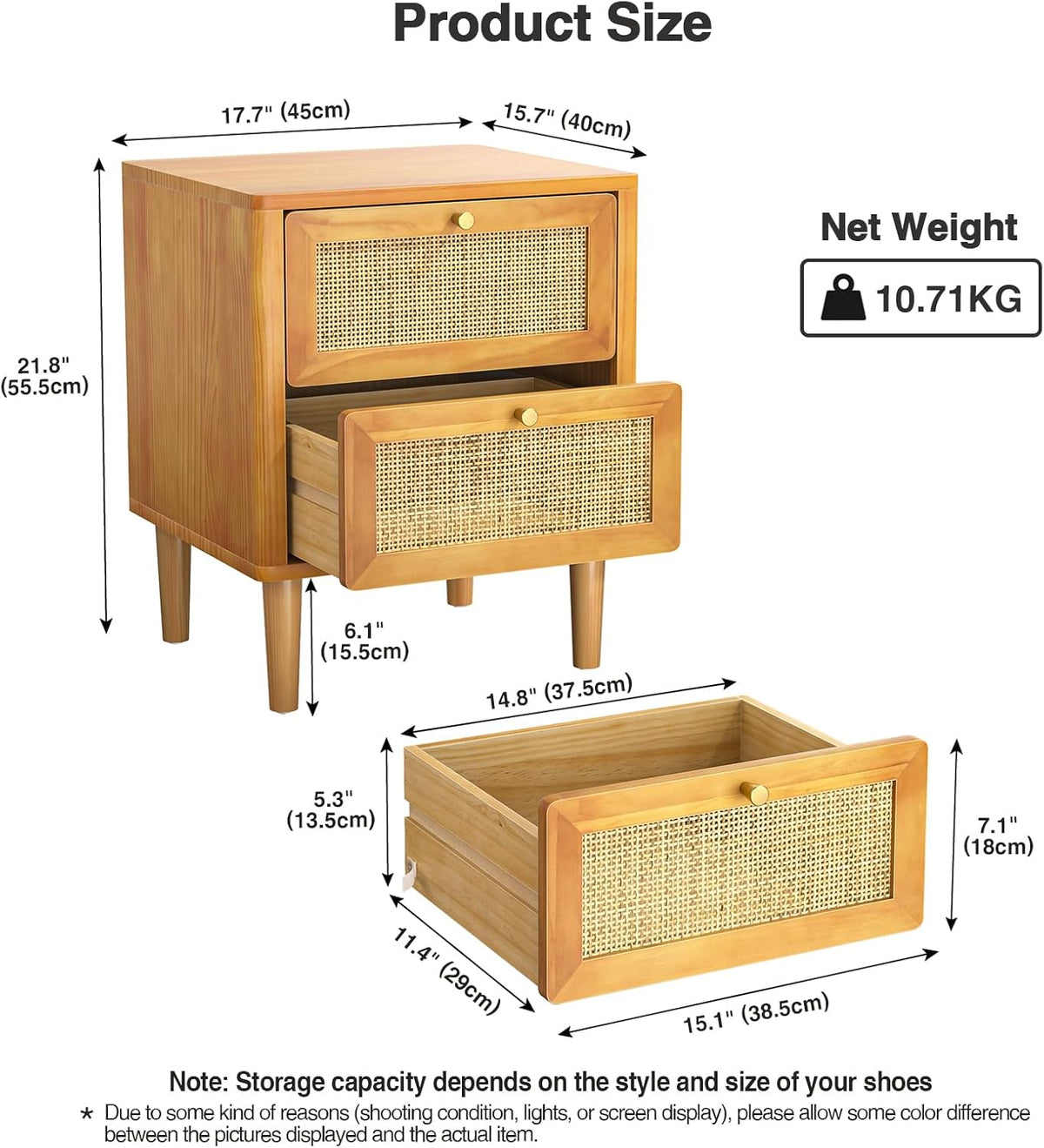 Rotan nachtkastje met 2 laden houten bijzettafel met poten van massief hout Boho nachtkastje kleine kast voor slaapkamer woonkamer kinderkamer volledig gemonteerd 45 x 40 x 55,5 cm