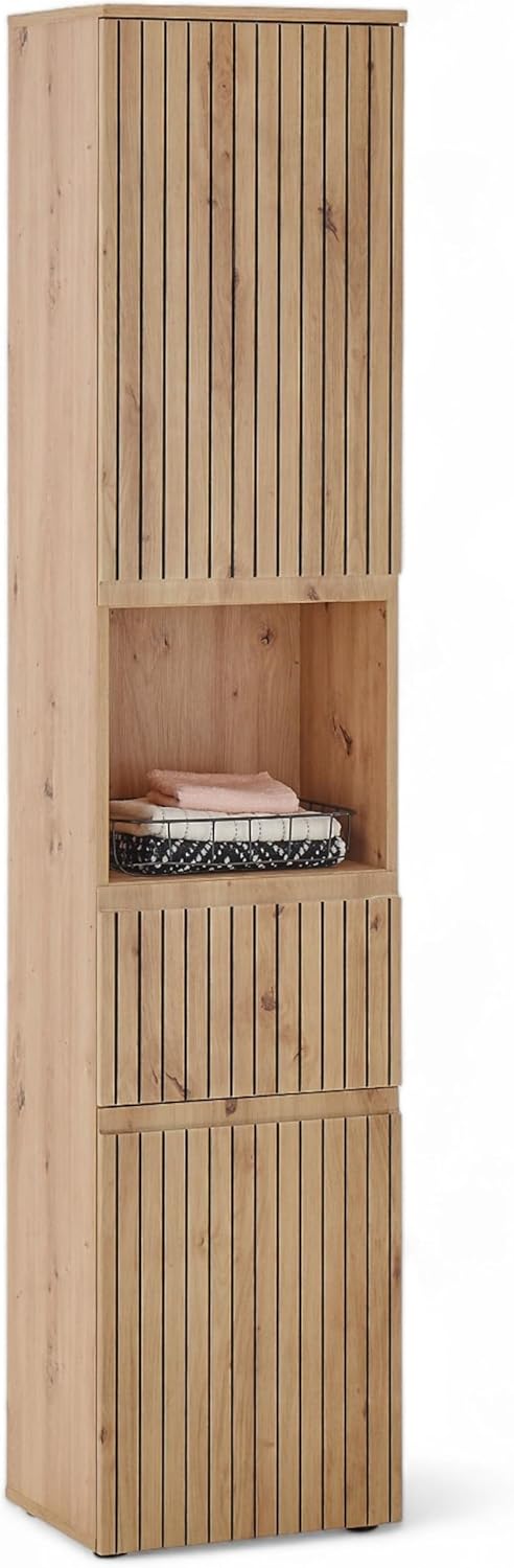 AUSTIN High Bathroom Cabinet in Artisan Oak Look, Wild Oak Look, FSC Certified Bathroom Cabinet with Plenty of Storage Space, 40 x 181 x 31 cm (W x H x D) - QUORE