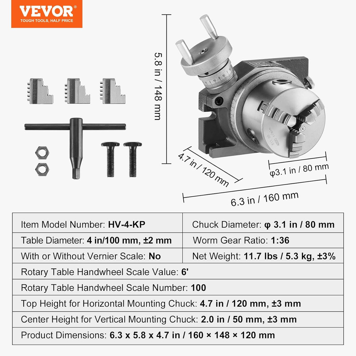 VEVOR Draaitafel voor freesmachines, 4''/ 100 mm, horizontaal verticaal model, precisie-frezen, draaitafel, met 3,1''/80 mm 3-klauwkop M10 T-bouten, voor freestechniek, indexeergereedschap