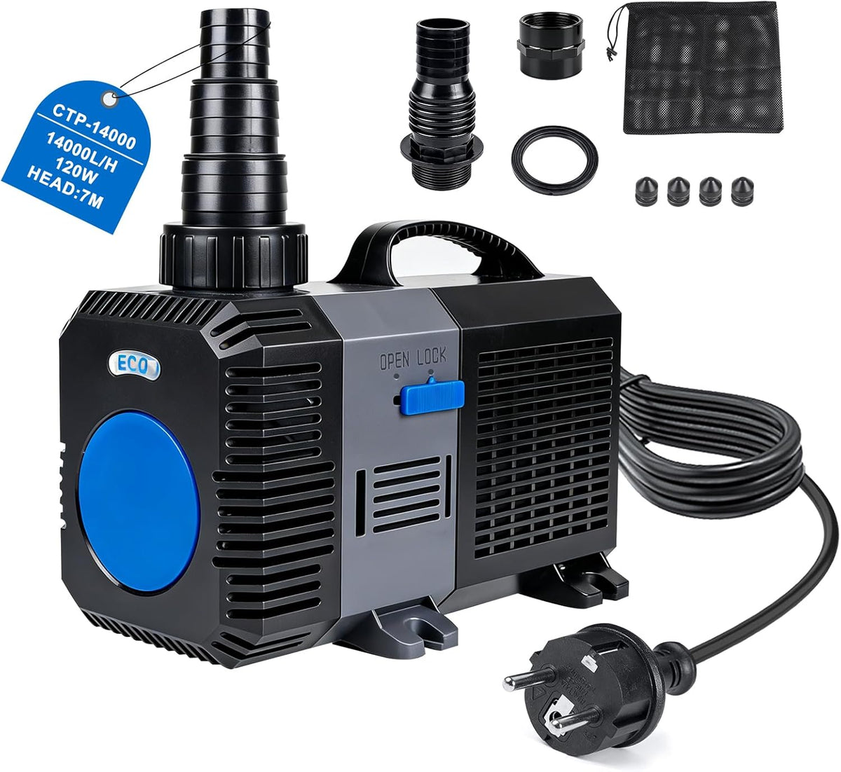 Super ECO Vijverpomp voor buiten, 1400 l/u, 120 W, filtratie met laag verbruik, elektrische waterpomp voor koikarpers, oase, tuin, beek - verstelbaar voor watervalfontein