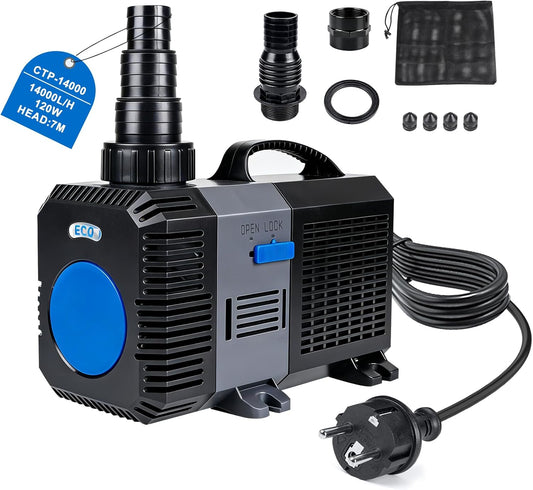 Super ECO Vijverpomp voor buiten, 1400 l/u, 120 W, filtratie met laag verbruik, elektrische waterpomp voor koikarpers, oase, tuin, beek - voor watervalfontein