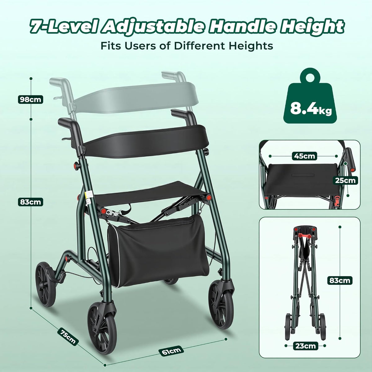 Careboda Rollator voor senioren, opvouwbaar en licht, smal voor woning, rollator voor alle terreinen, met banden van 20 cm, in hoogte verstelbare zitting en handgreep