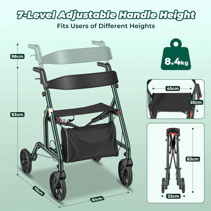 Careboda Rollator voor senioren, opvouwbaar en licht, smal voor woning, rollator voor alle terreinen, met banden van 20 cm, in hoogte verstelbare zitting en handgreep