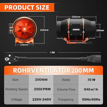 FanGoFast Buisventilator, 200 mm, met variabele snelheidscontrole, rookafzuiging, inline afvoerventilator, ideale buisventilator met IEC-stopcontact voor ventilatie en afvoerlucht