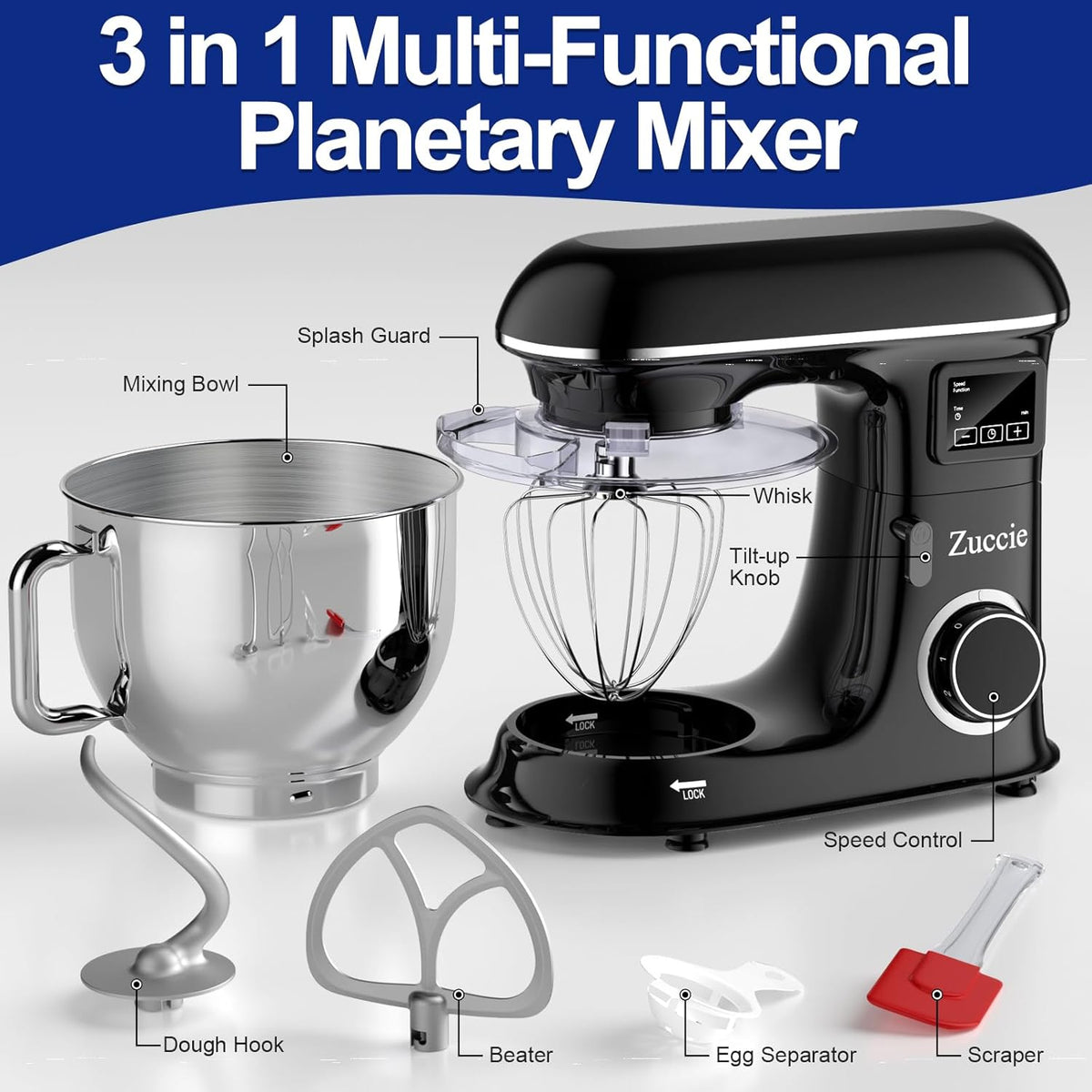 Planetaria Keukenmachine- Keukenrobot - Keukenmixer, 1500 W, 8 liter, planeetmachine, 6 snelheden, gisting en lcd-timing, multifunctionele professionele kneedmachine
