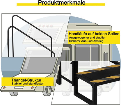 Campertrap, 3-traps, camper, 200 kg draagkracht, voor caravans, camping, met 2 leuningen, antislip opstapkruk, RV steps, reisaanhanger