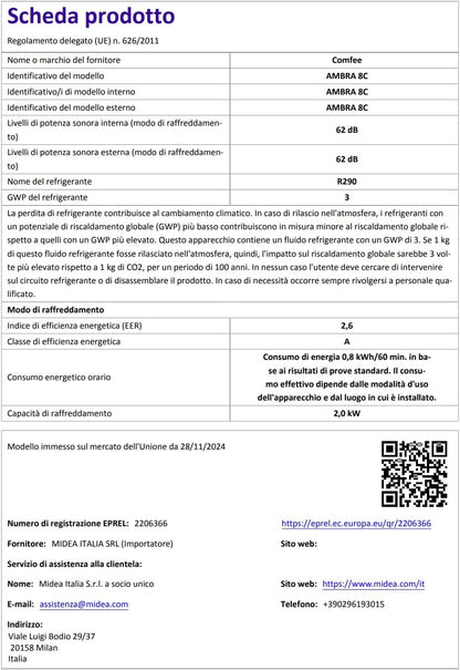COMFEE' Ambra 8C Portable Air Conditioning, 7000 BTU/H, 2.0 kW, 25 m³/68 m³, 3-in-1 Portable Air Conditioning, Fan Cooling, Dehumidification, 24 Hour Timer, Sleep Mode, Follow-Me Function - QUORE