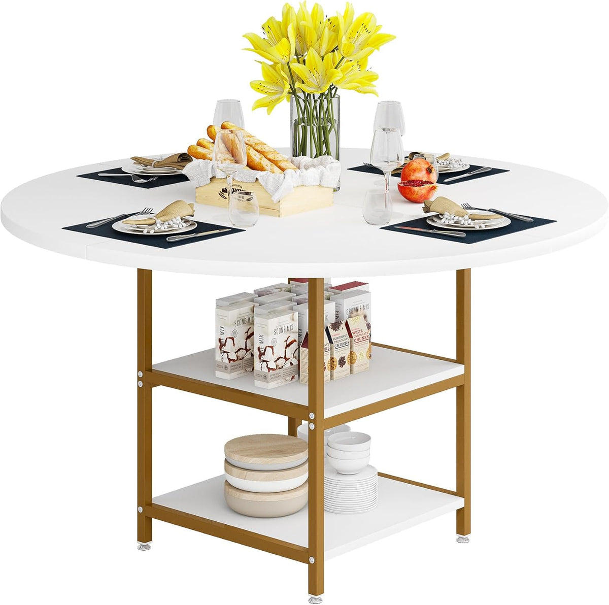 Tribesigns Round Dining Table, Dining Table for 4 People, 120 x 75 cm (diameter x H), Industrial Style, Wooden Kitchen Table for Home, Living Room, Gold and White