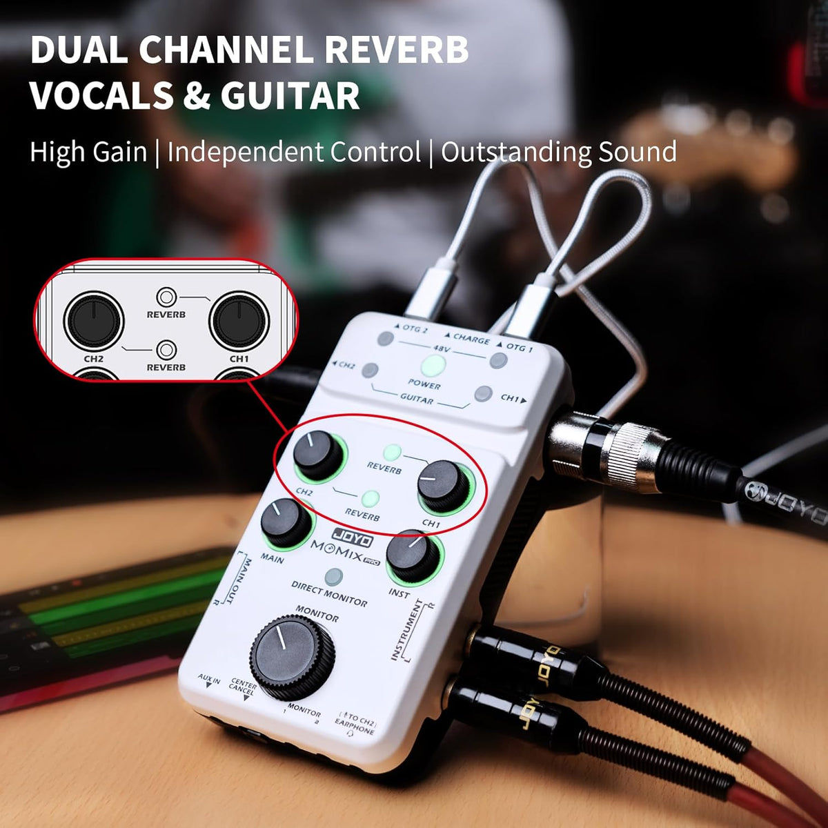 JOYO Audio-mixer, audio-interface, USB, stereo XLR + mixer met 48 V fantoomvoeding voor live streaming-opname, podcasting plug & play (MOMIX PRO)