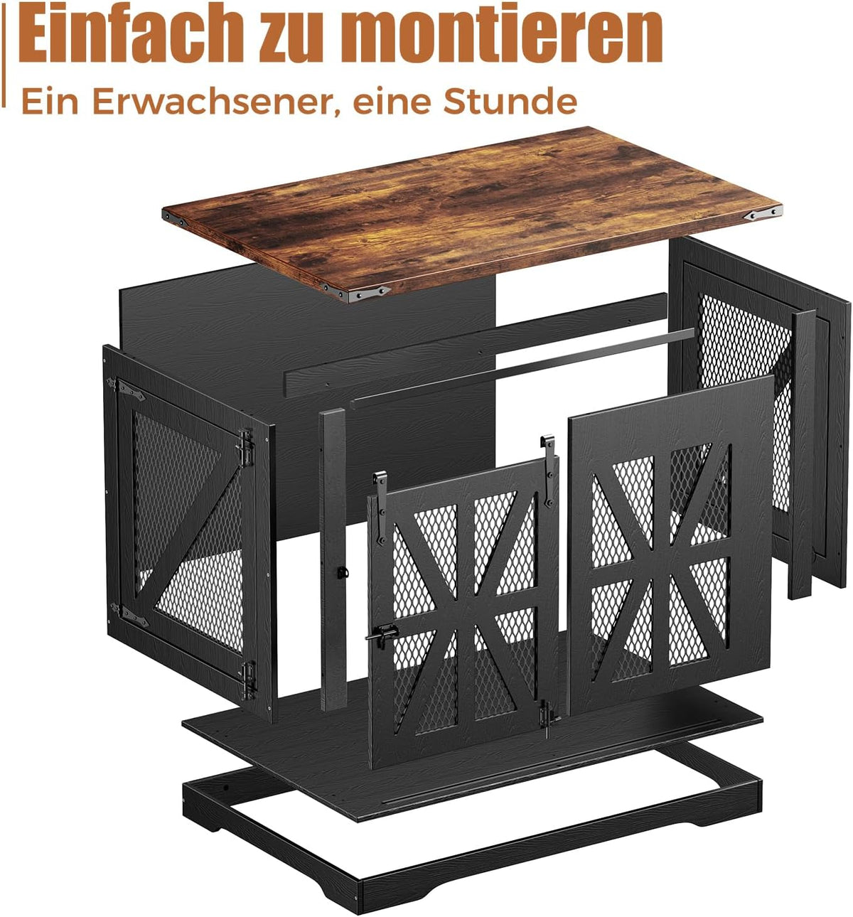 Hondenkooi, 110 cm hondenbox, Drie-deurs hondenkooi voor thuis, Schuifdeur, Modern houten hondenhok, Voor middelgrote en grote honden, Versterkt ijzeren gaas, 110x74x81 cm, Zwart