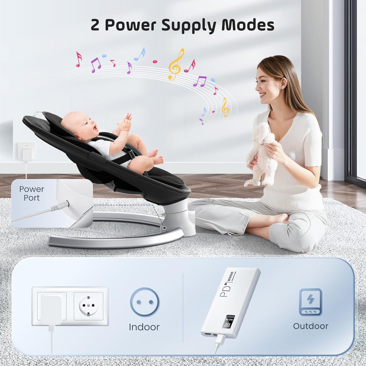 BlundiQue Baby Rocker Troll Programme with Remote Control and Control Baby Swing with 5 Swing Widths 3-Step Timer 3 Toy Grey Lamb Soft Padded (Black) - QUORE