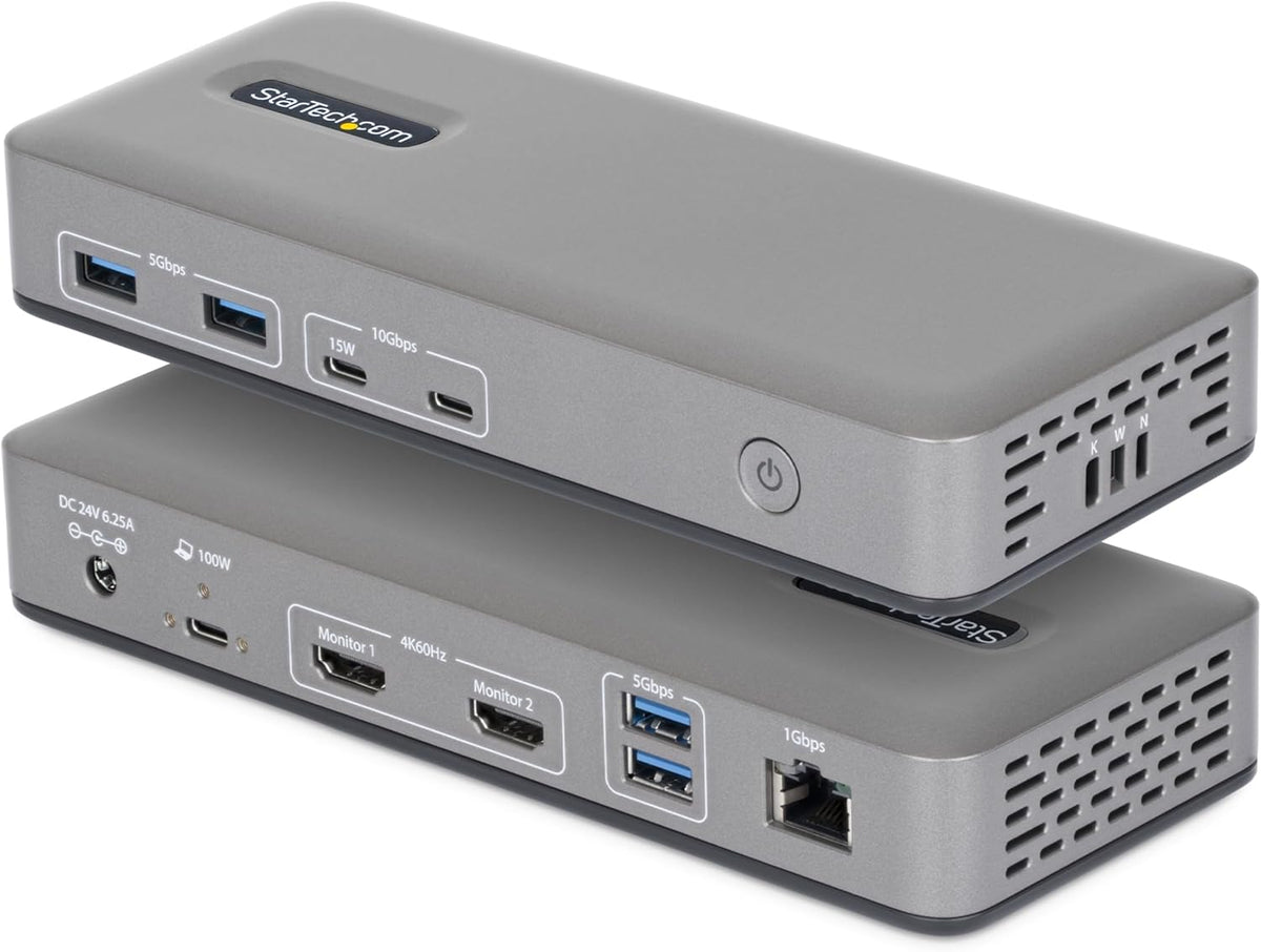 StarTech Dual-Monitor USB-C Docking Station, HDMI, 4K 60Hz, 100W Laptop Charging, 1GbE, Driverless, Multi-Monitor Dock