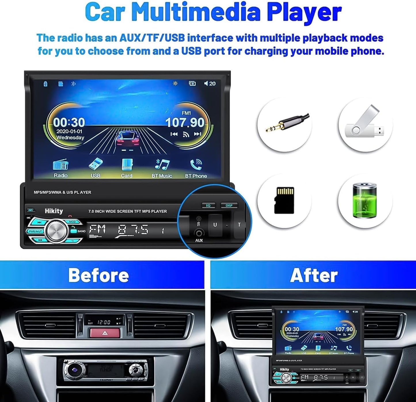 Hikity 1 Din Apple Carplay autoradio met uitschuifbaar scherm, Android autoradio met 7 inch touchscreen, radio met Bluetooth handsfree, FM USB/AUX+achteruitrijcamera