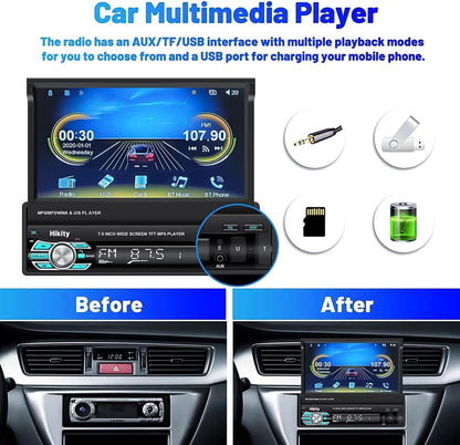 Hikity 1 Din Apple Carplay autoradio met uitschuifbaar scherm, Android autoradio met 7 inch touchscreen, radio met Bluetooth handsfree, FM USB/AUX+achteruitrijcamera
