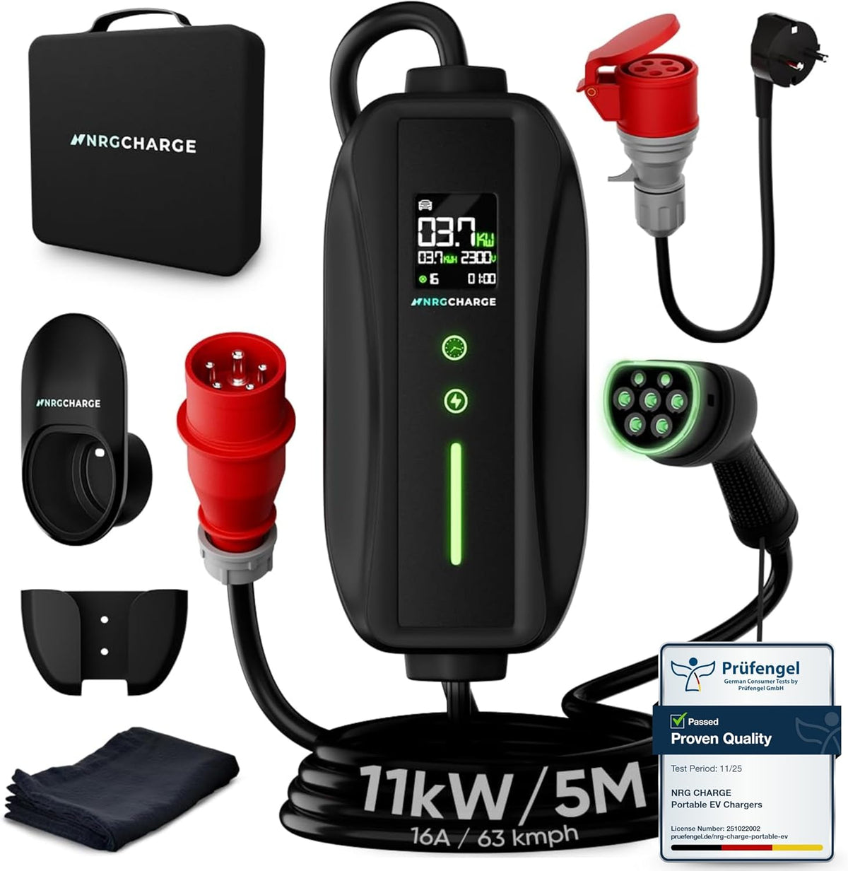 Oplaadkabel Type 2 CEE-stekker [3-fase, 7m, 6-16A] - Mobiele Wallbox & EV-oplader - Snel opladen voor elektrische auto - Compatibel met VW, Tesla, BMW, Audi, Hyundai en meer (11 kW, 5 meter