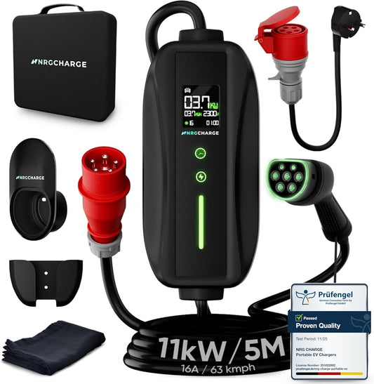 Oplaadkabel Type 2 CEE-stekker [3-fase, 7m, 6-16A] - Mobiele Wallbox & EV-oplader - Snel opladen voor elektrische auto - Compatibel met VW, Tesla, BMW, Audi, Hyundai en meer (11 kW, 5 meter