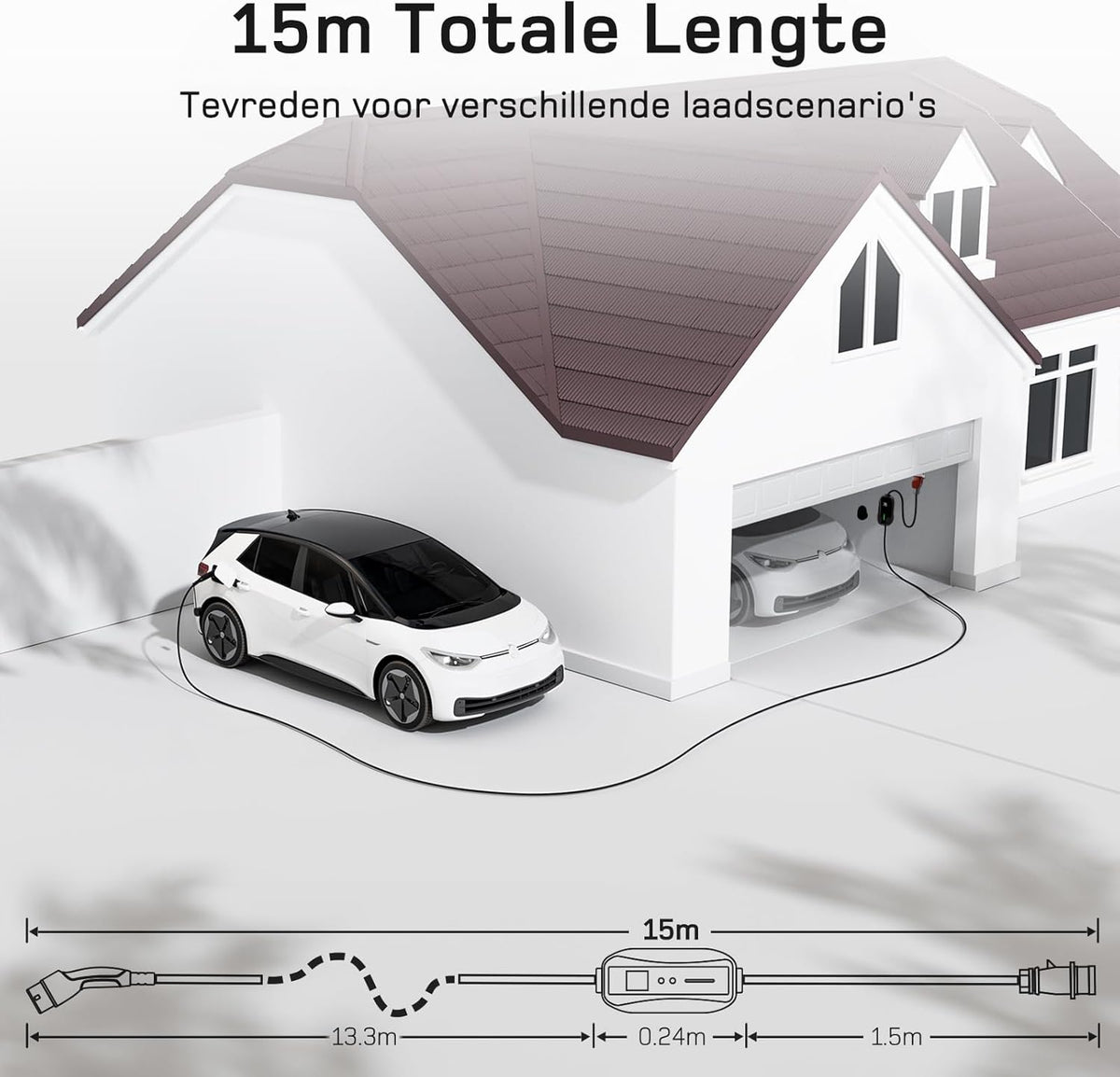 dé EV Charger Type 2 11kW [15m, 3-Fase, 6-16A] Laadpaal 11kW 3 Fase met instelbaar laadvermogen, Mobile Wallbox voor model Y/3, ID.3/4/5, Enyaq, EX30/XC40, Niro en Andere EV&PHEV