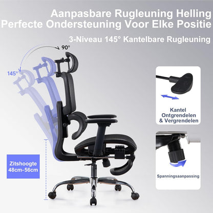 Ergonomische Bureaustoel met Voetensteun - 5-Zones Verstelbare Rugleuning, 2D Lendensteun, 3D Arm-/Hoofdsteun, 145° Kantelfunctie + Ademend Net voor Kantoor/Thuiswerk/Studie, Zwart