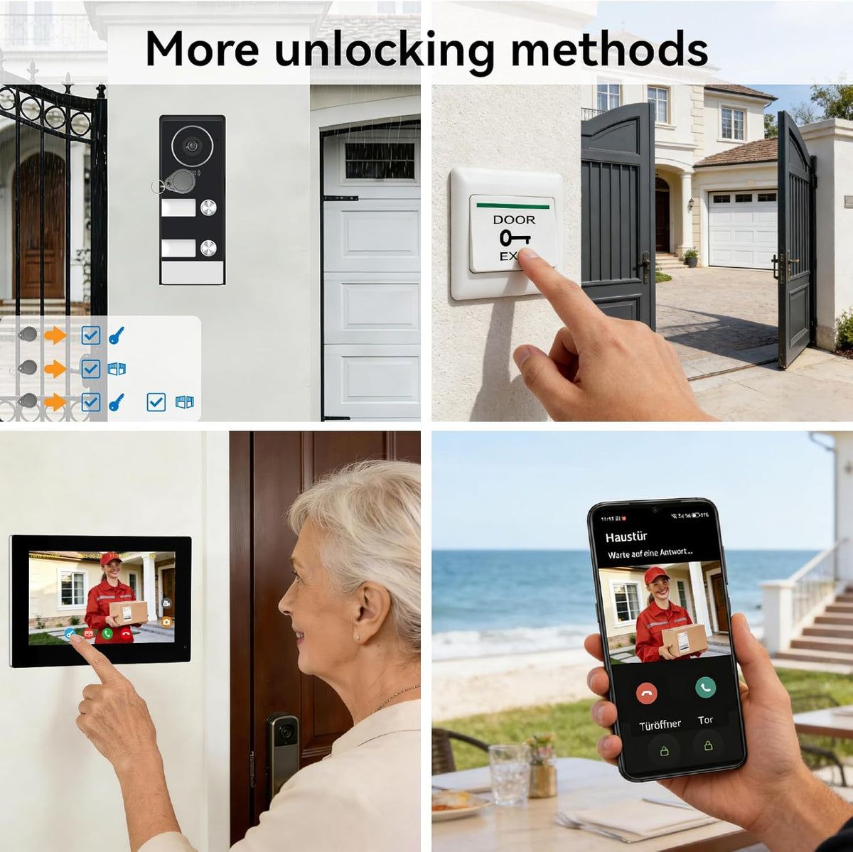 slimme videodeurbel met 2-draads aansluiting, bedrade video-intercom met 2 x 7-inch monitoren, ontgrendeling op afstand,tweeweg audio, RFID,dual-band wifi,set voor twee gezinnen