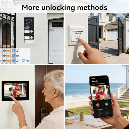 slimme videodeurbel met 2-draads aansluiting, bedrade video-intercom met 2 x 7-inch monitoren, ontgrendeling op afstand,tweeweg audio, RFID,dual-band wifi,set voor twee gezinnen