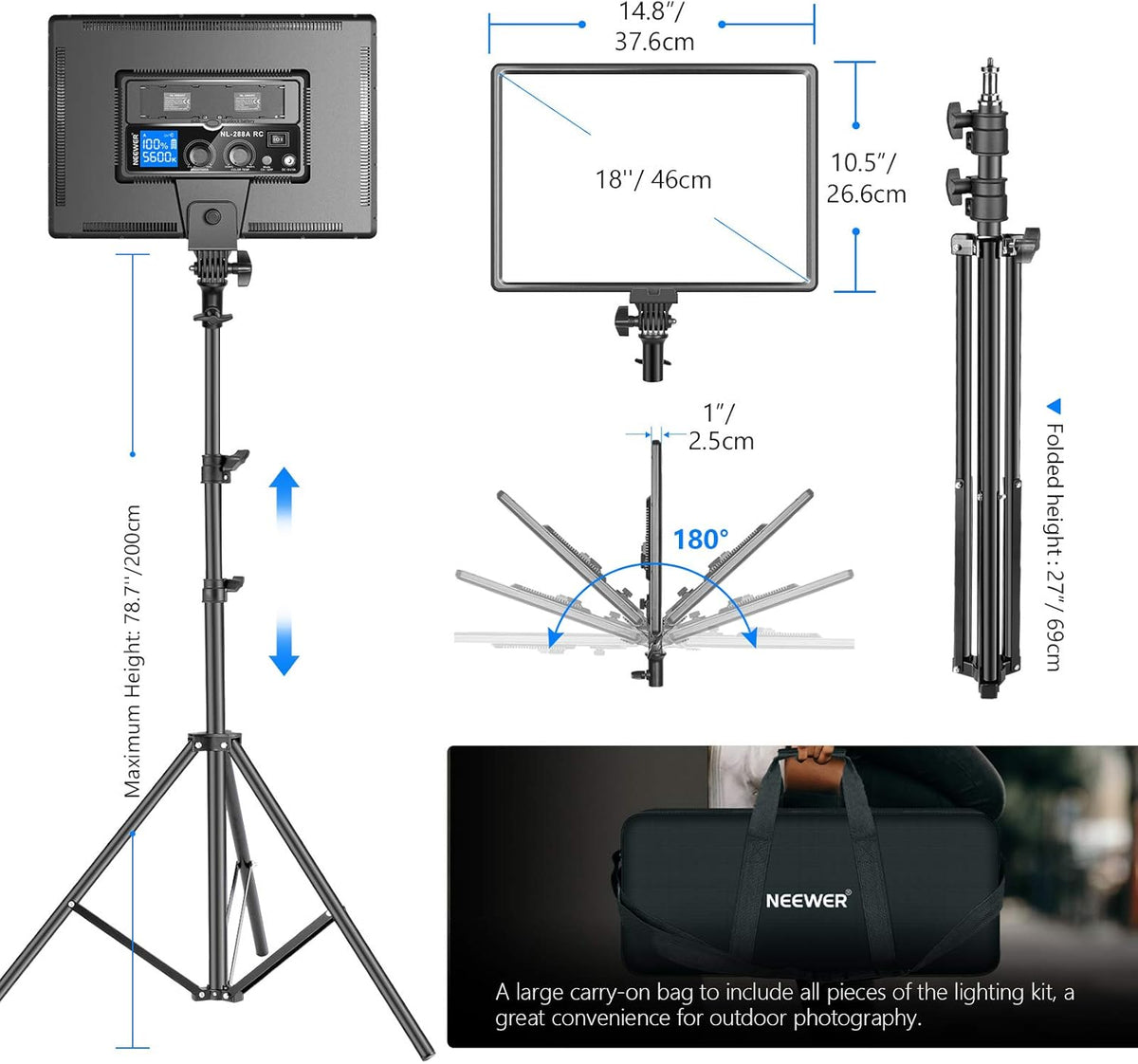 Led-videoverlichting – Led-paneel – Videolicht – Studiolamp – Fotolamp – Set Van 2 Dimbare Tweekleurige 18 Inch Panelen Met Statieven En Afstandsbediening – 3200K Tot 5600K – CRI97+ En Tot 4800 Lux