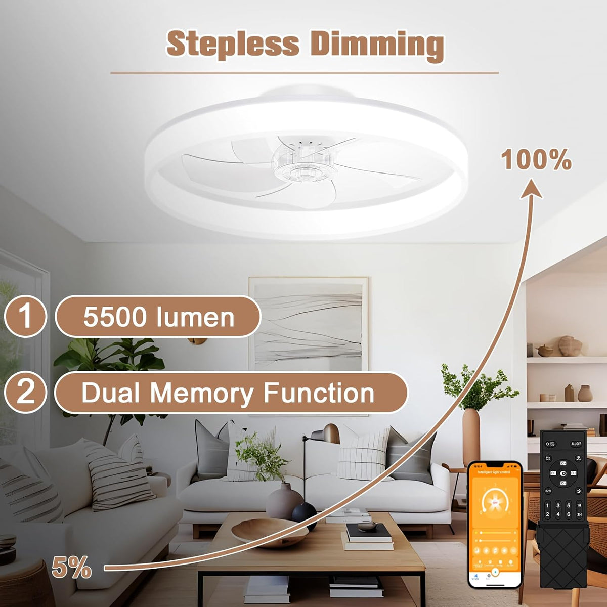 VOLISUN Plafondventilator met verlichting en afstandsbediening, 6 windniveaus en dimbaar, moderne plafondlamp met ventilator, stille led-plafondventilator voor slaapkamer en woonkamer (zwart, 50 cm)