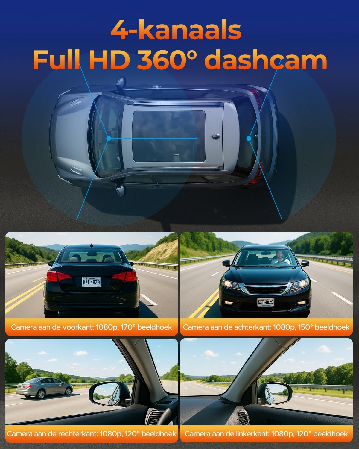 4-Kanaals Dashcam Auto – Autocamera – Auto Camera – Camera Auto – 360° Dashcam – 1080P Opname – WiFi & App-bediening