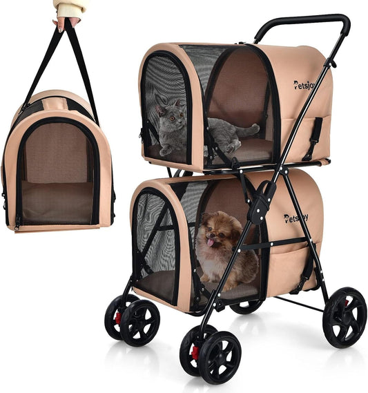 FANTASK Hondenwagen met 2 etages met gaasvensters en bekerhouders, huisdierbuggy tot 16 kg, kattenbuggy voor 2 kleine honden katten, hondenbuggy en aanhanger in beige