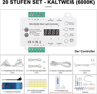 Intelligente Trapverlichting Bewegingssensor 20 Treden Koud Wit 6000K COB LED Trapverlichting Slim Traplicht met Licht Sensor PIR en Instelbare Helderheid