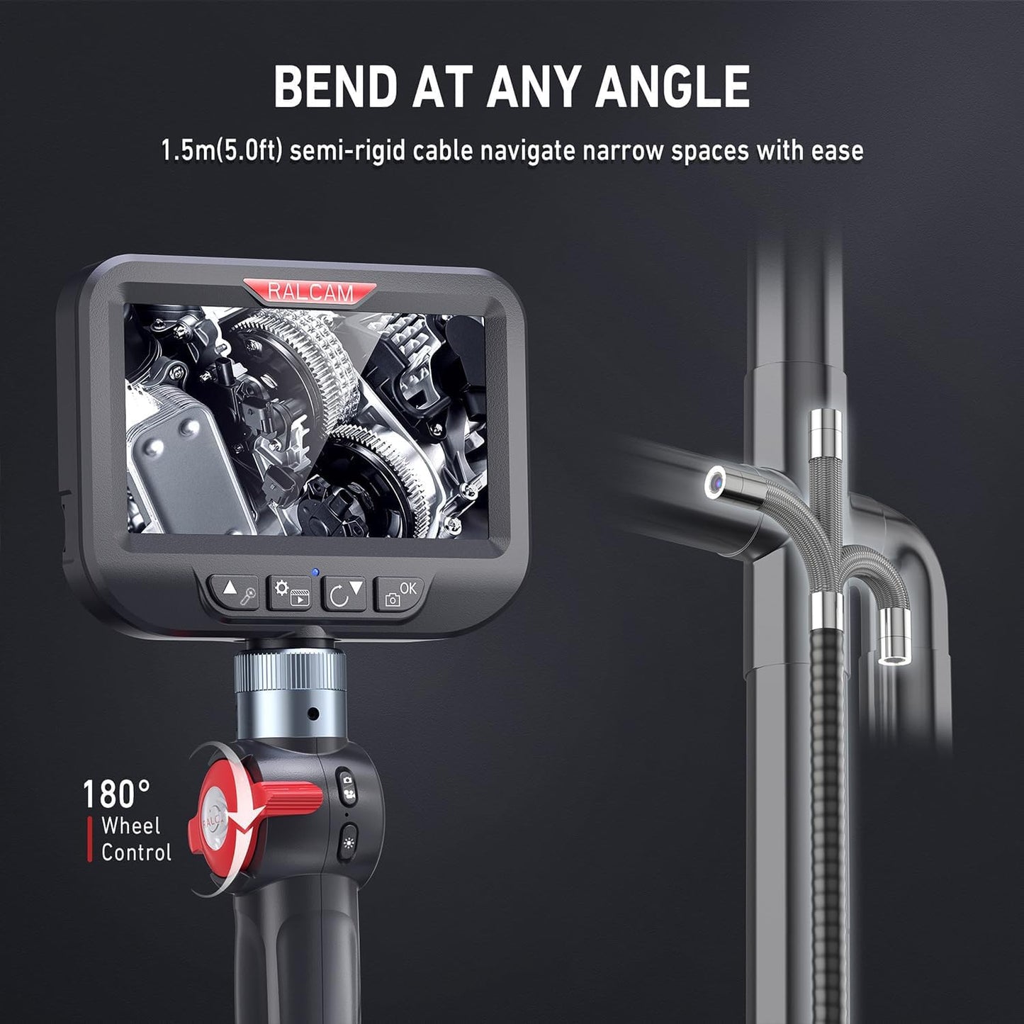 Ralcam Endoskopkamera mit Licht Endoscope Camera - Endoskop 8,5 mm Inspektionskamera 4,3" HD 1080P Rohrkamera, Kameras mit 10 LED, IP67 Wasserdicht 1.5M Halbstarre Kabel Teleskopkamera Kfz Werkzeug