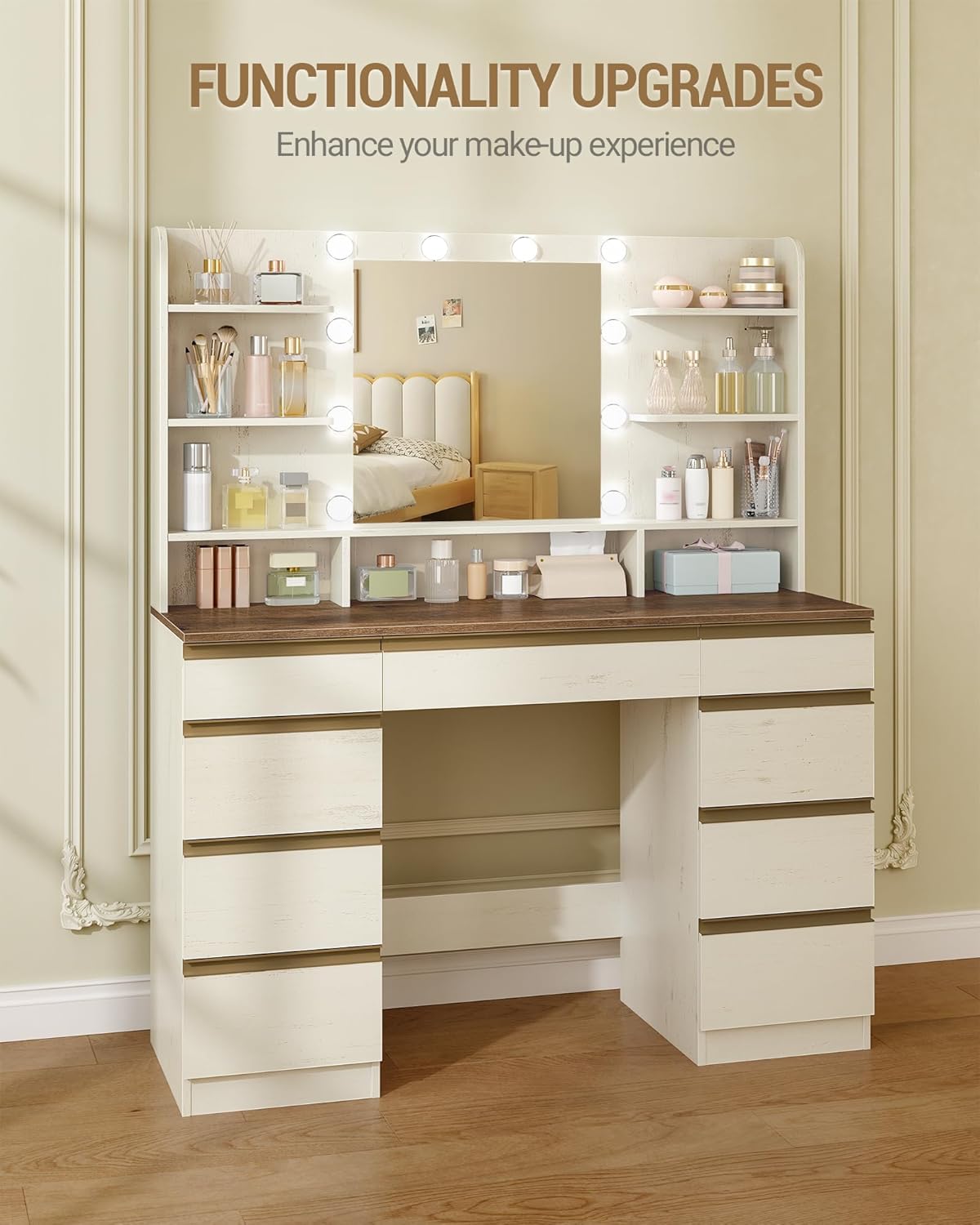 Hzuaneri Large Dressing Table with LED Lighting, 10 LED Light Globes, 3 Colours, Adjustable Brightness, Dressing Table with Mirror, 9 Drawers, 9 Open Shelves, Modern Style, White-Brown DT35714X