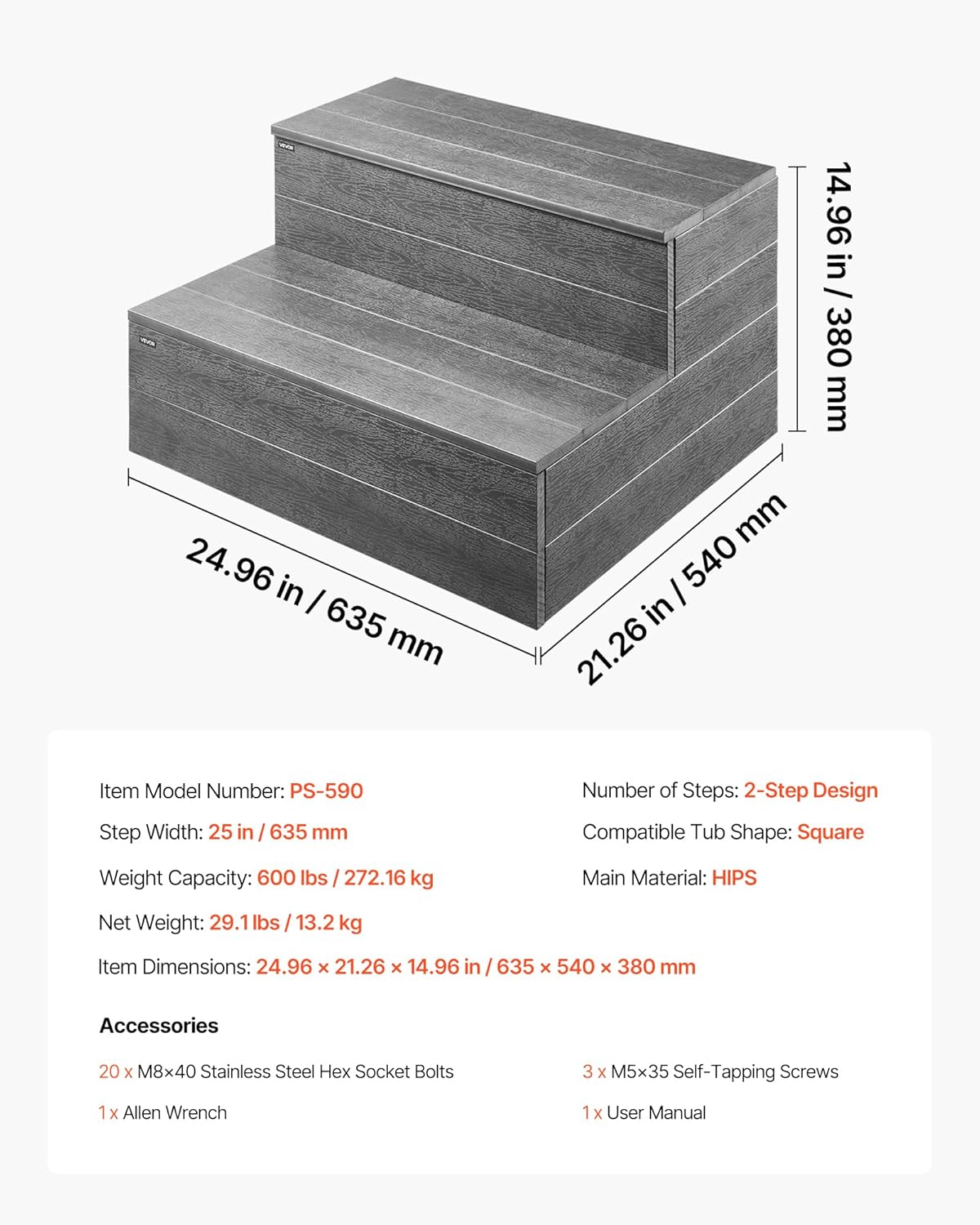 VEVOR Hot Tub Step, 2-traps Spa Outdoor Trap, Heavy Duty 635 mm brede HEUPEN Bovengronds Opblaasbare Zwembadladder met 600 Lbs Gewichtscapaciteit, Multifunctioneel voor veranda, terras, terras, terras