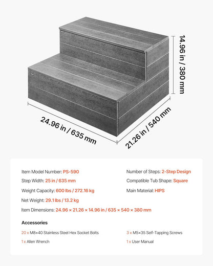 VEVOR Hot Tub Step, 2-traps Spa Outdoor Trap, Heavy Duty 635 mm brede HEUPEN Bovengronds Opblaasbare Zwembadladder met 600 Lbs Gewichtscapaciteit, Multifunctioneel voor veranda, terras, terras, terras
