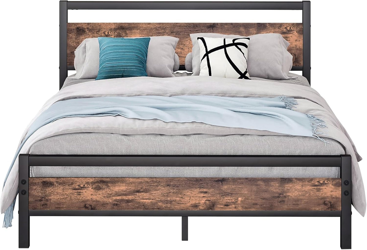 Bedframe 160x200 van metaal en hout, metalen bed met lattenbodem, logeerbed, tienerbed, tweepersoonsbed 160x200 cm met hoofdeinde, metaal bed, bruin en zwart